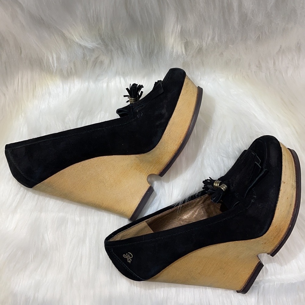 NWT Sam Edelman Black Leather Loafer Tassels & Wood Wedge Platform - Picture 8 of 16